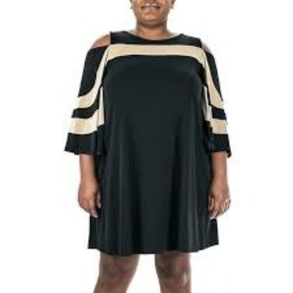 Nina Leonard Pullover Dress Women 2X Black Beige Cold Shoulder Career Date NIght
